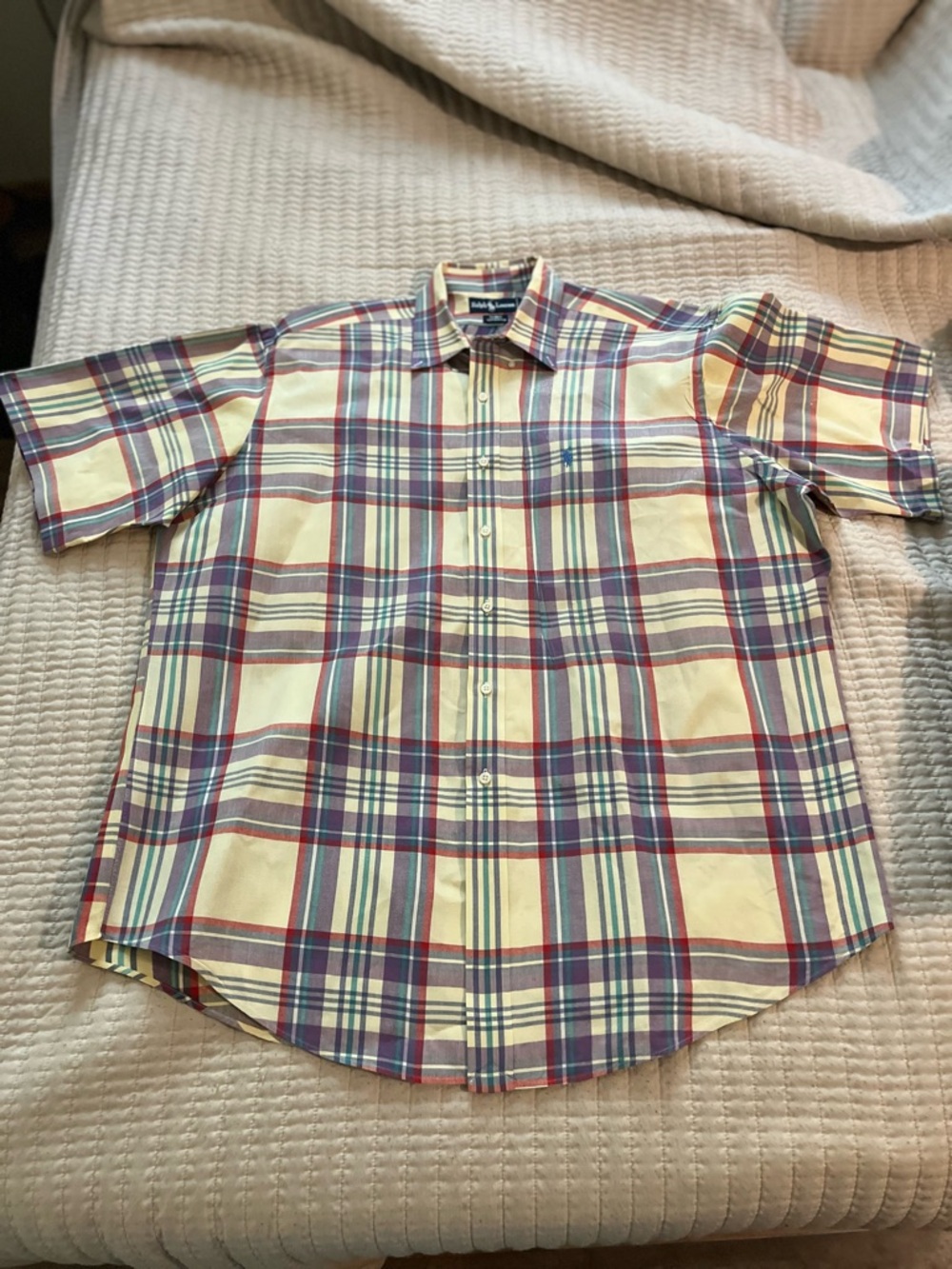 Ralph Lauren Short Sleeve Plaid Button-Down Shirt - Cream, Red, purple